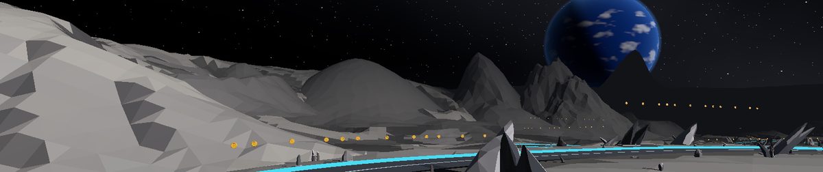 Lunar Run: grey crater mountains under a black sky, with Earth overhead.