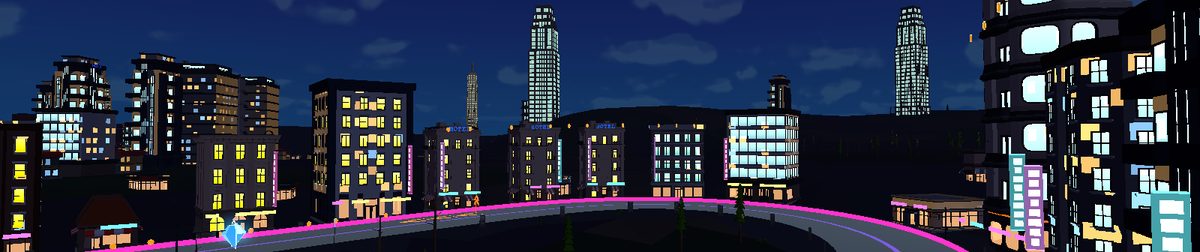 Night City: a neon-lit racing line between lit towers at night.