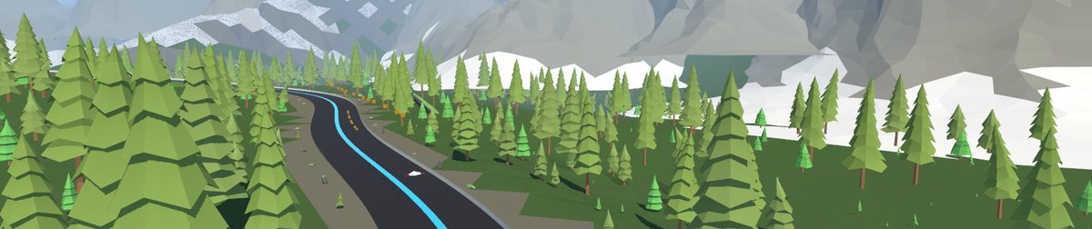 Alpine Ridge: the road climbing through pine forest toward snowy peaks.