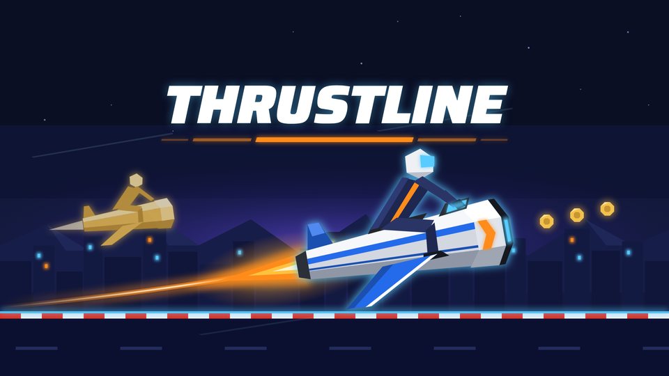 Thrustline key art: a rider on a jet bike racing a gold ghost above a night city.