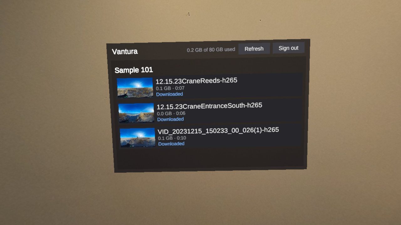 The Vantura class library in the headset, listing three lessons with thumbnails, file sizes, running times, and Downloaded badges
