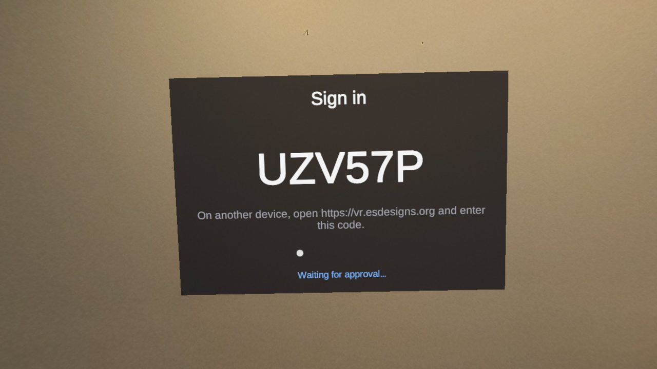 The Vantura sign-in screen in the headset showing a six-character pairing code and the instruction to enter it at vr.esdesigns.org